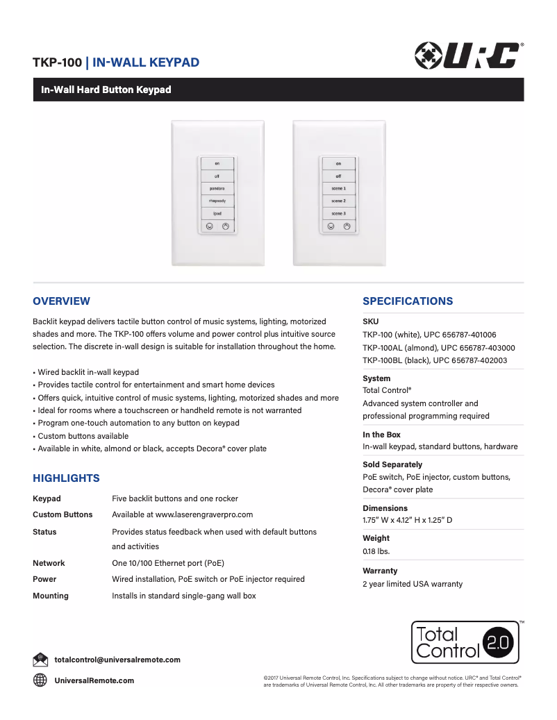 Page 1 de la notice Fiche technique Universal Remote Control TKP-100
