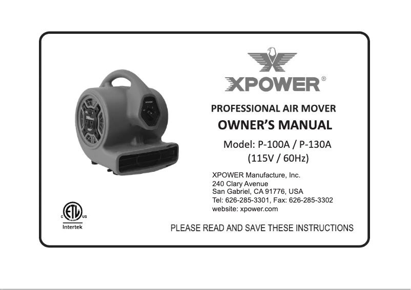 Page 1 de la notice Manuel utilisateur XPower P-130A