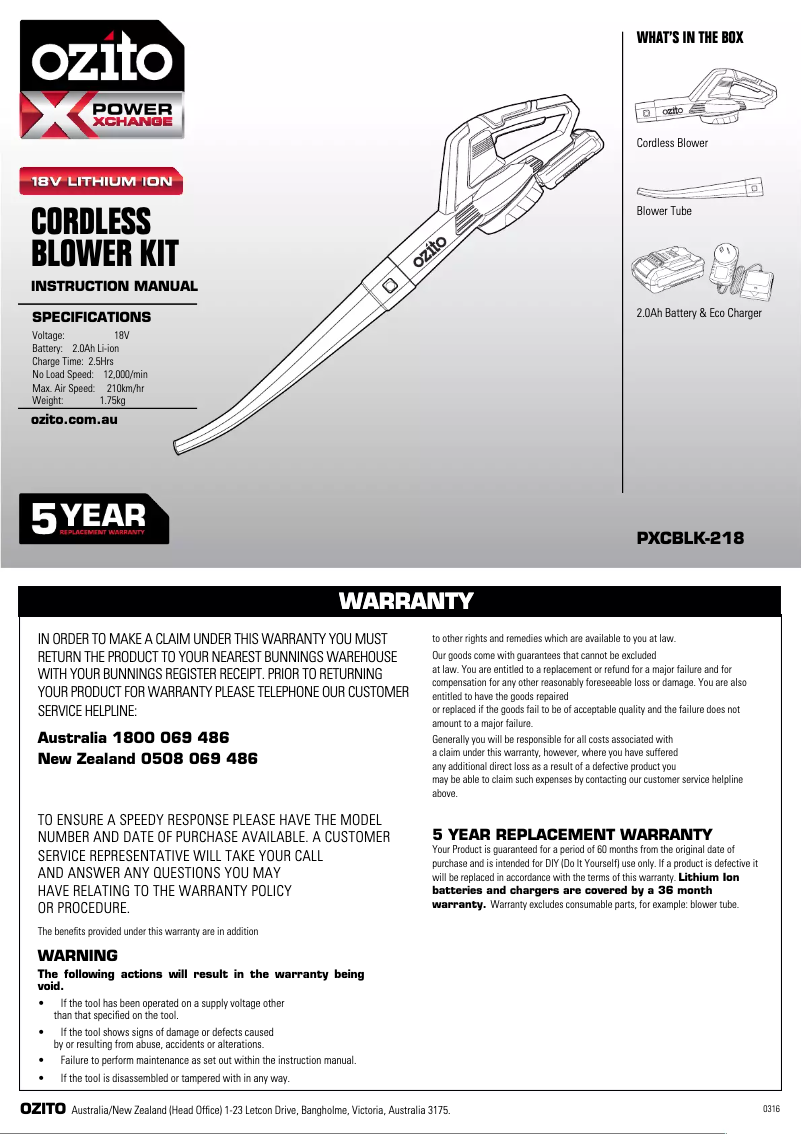 Page 1 de la notice Manuel utilisateur Ozito PXCBLK-218