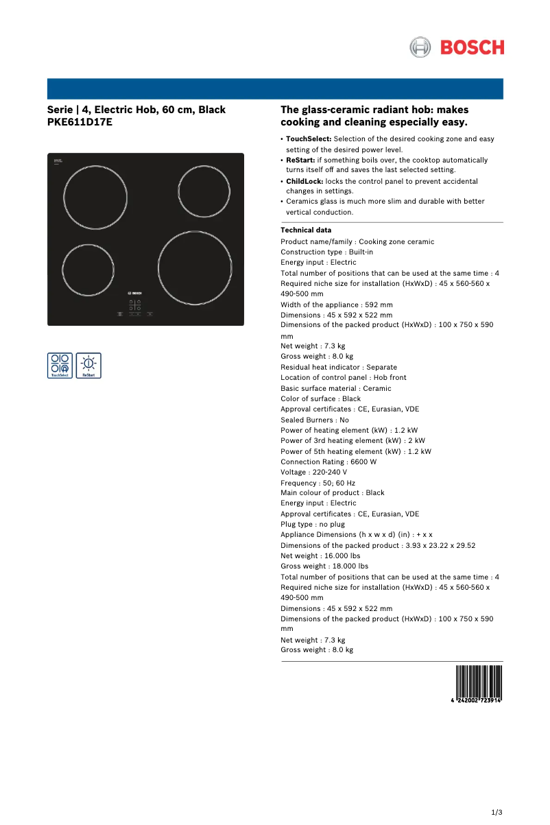 Page 1 de la notice Fiche technique Bosch PKE611D17E