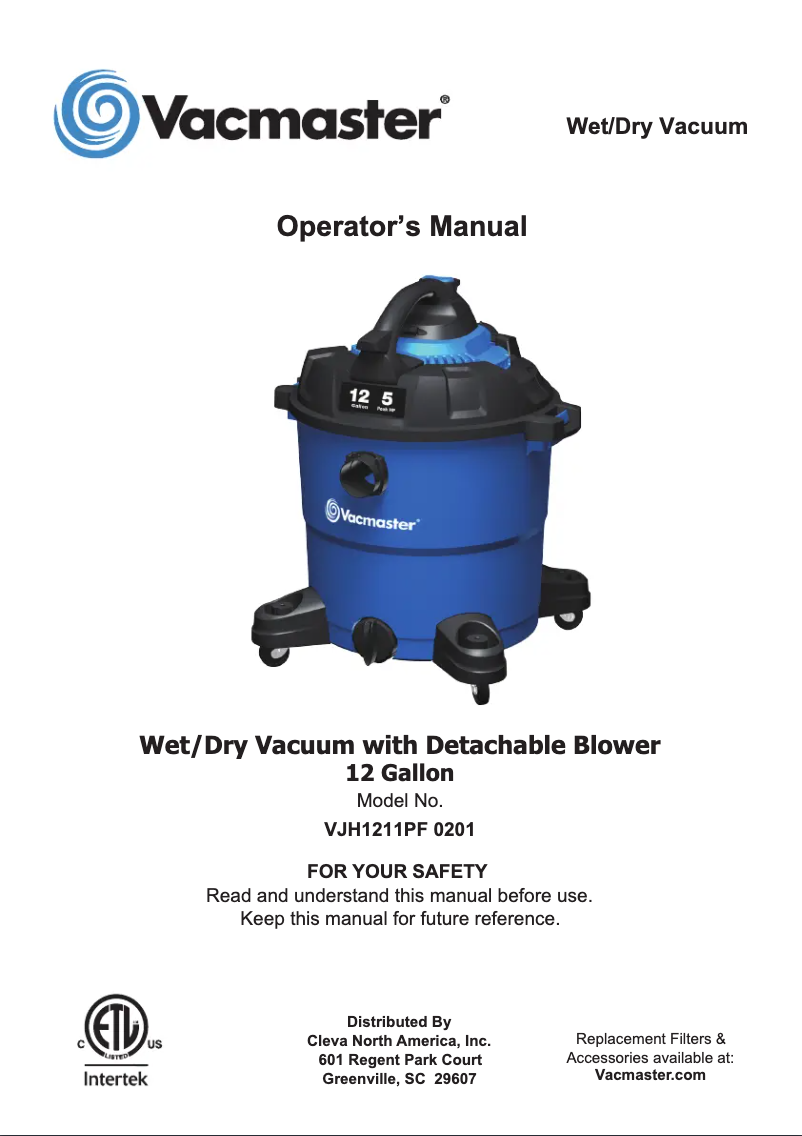 Page n°1 - Manuel utilisateur Vacmaster VBV1210