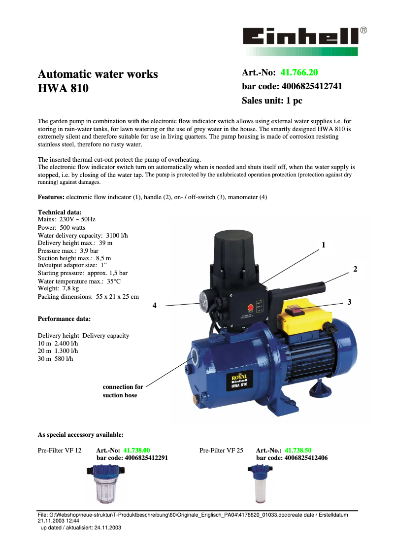 Page n°1 - Fiche technique Einhell Royal HWA 810