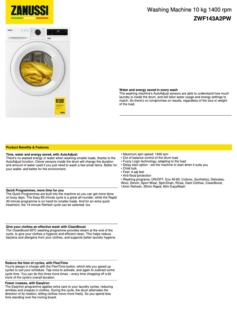 Page n°1 - Fiche technique Zanussi ZWF143A2PW