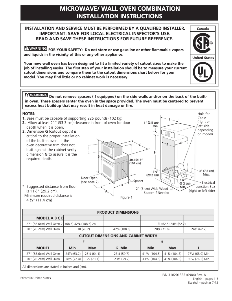 Page 1 de la notice Guide d'installation Frigidaire FGMC3065KW