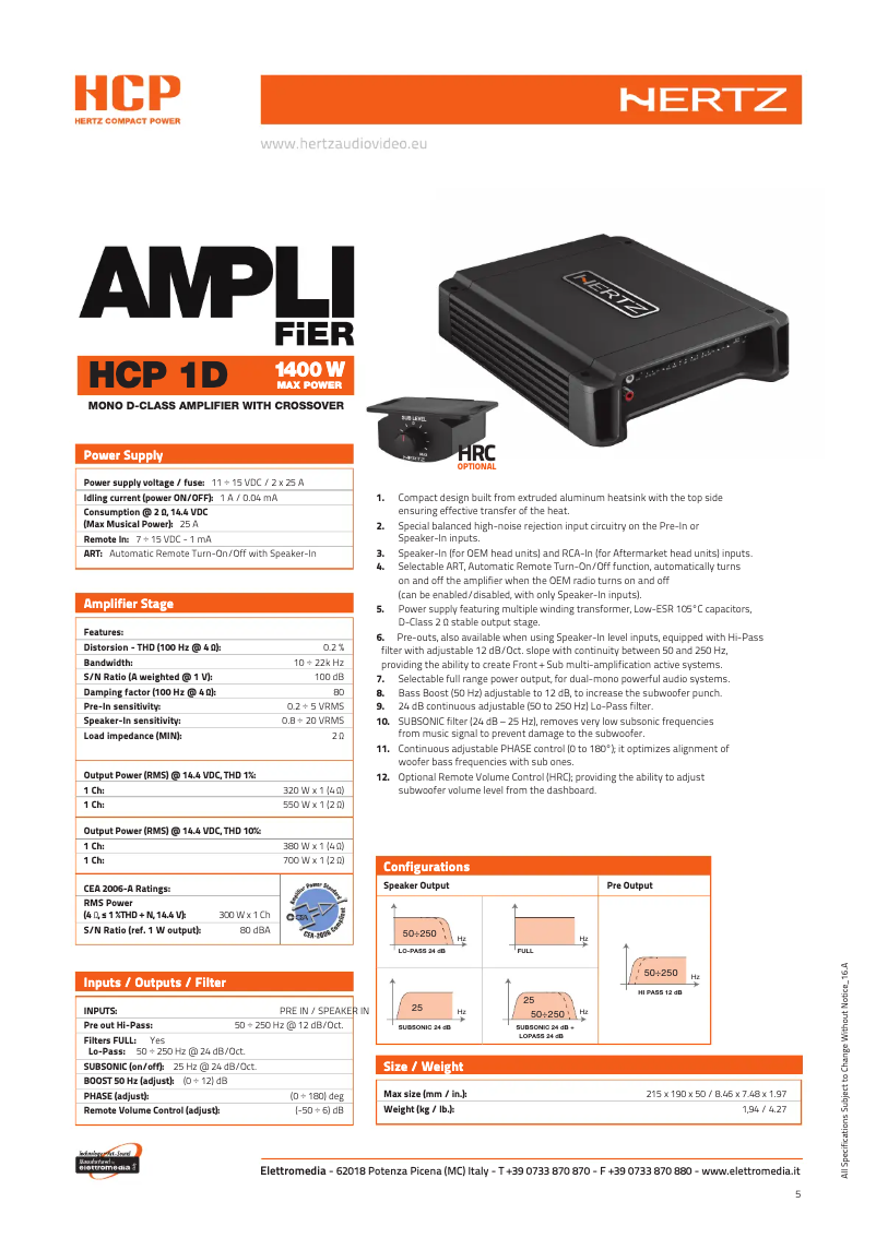 Page 1 de la notice Fiche technique Hertz HCP 1D
