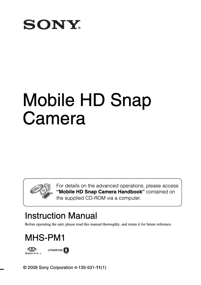 Page 1 de la notice Manuel utilisateur Sony HD MHS-PM1