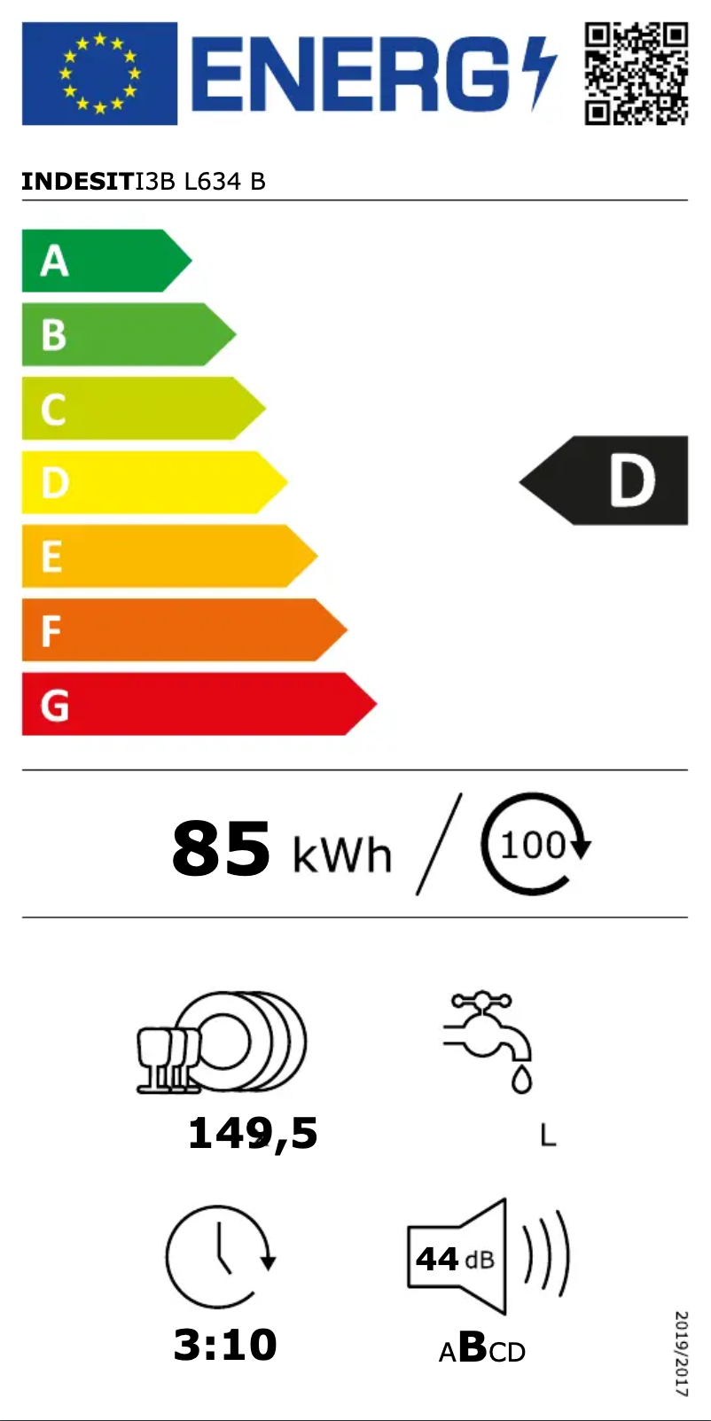 Page n°1 - Label énergétique Indesit I3B L634 B