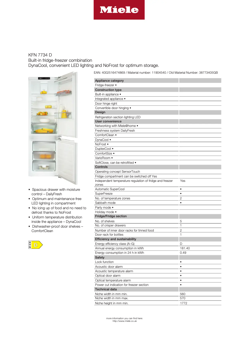 Page 1 de la notice Fiche technique Miele KFN 7734 D