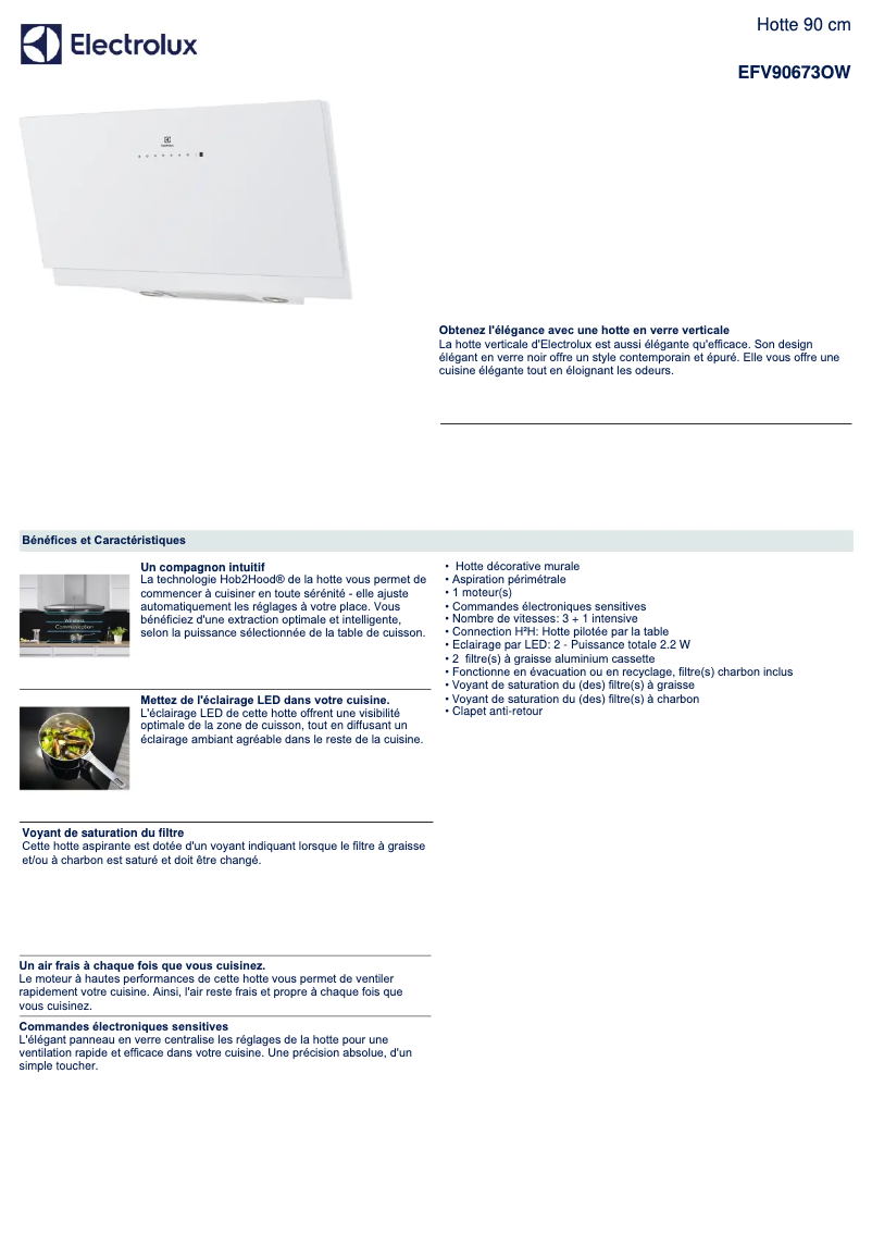 Page 1 de la notice Fiche technique Electrolux EFV90673OW