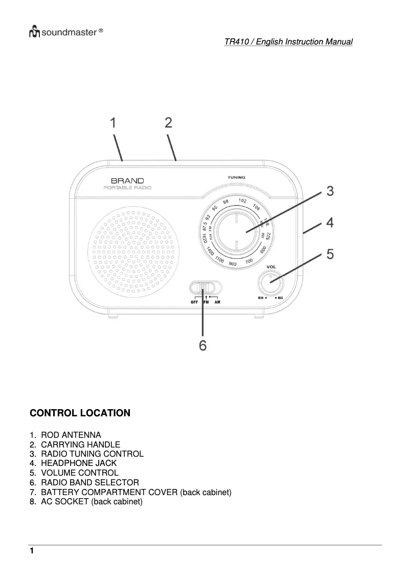 Page 1 de la notice Manuel utilisateur Soundmaster TR410