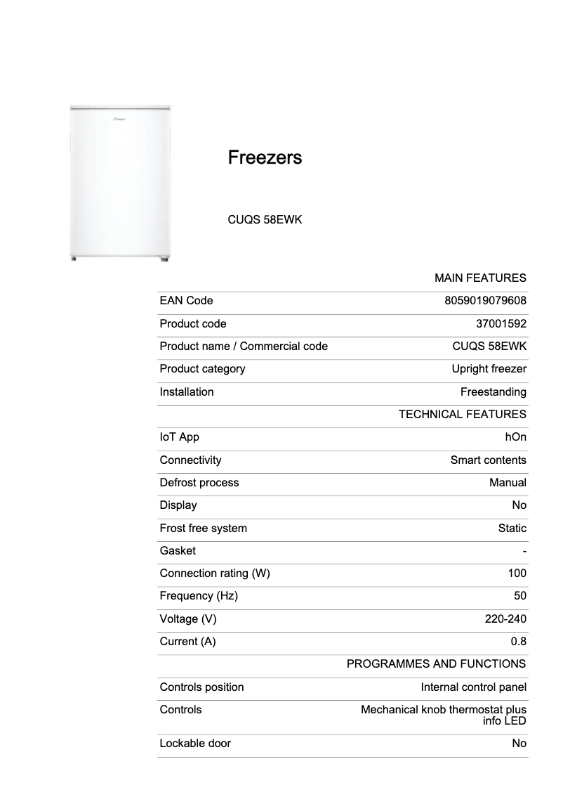 Page 1 de la notice Fiche technique Candy CUQS 58EWK