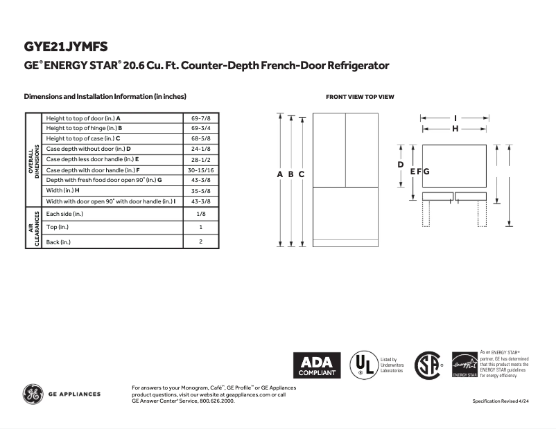 Page n°1 - Guide d'installation GE GYE21JYMFS