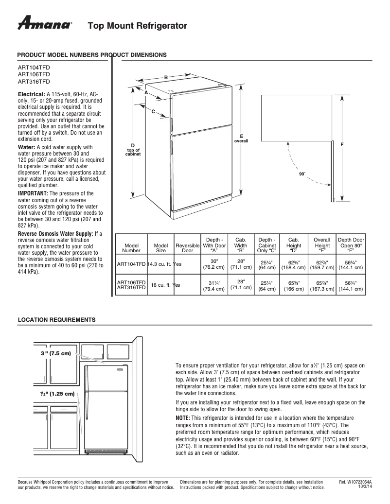 Page 1 de la notice Fiche technique Amana ART106TFD