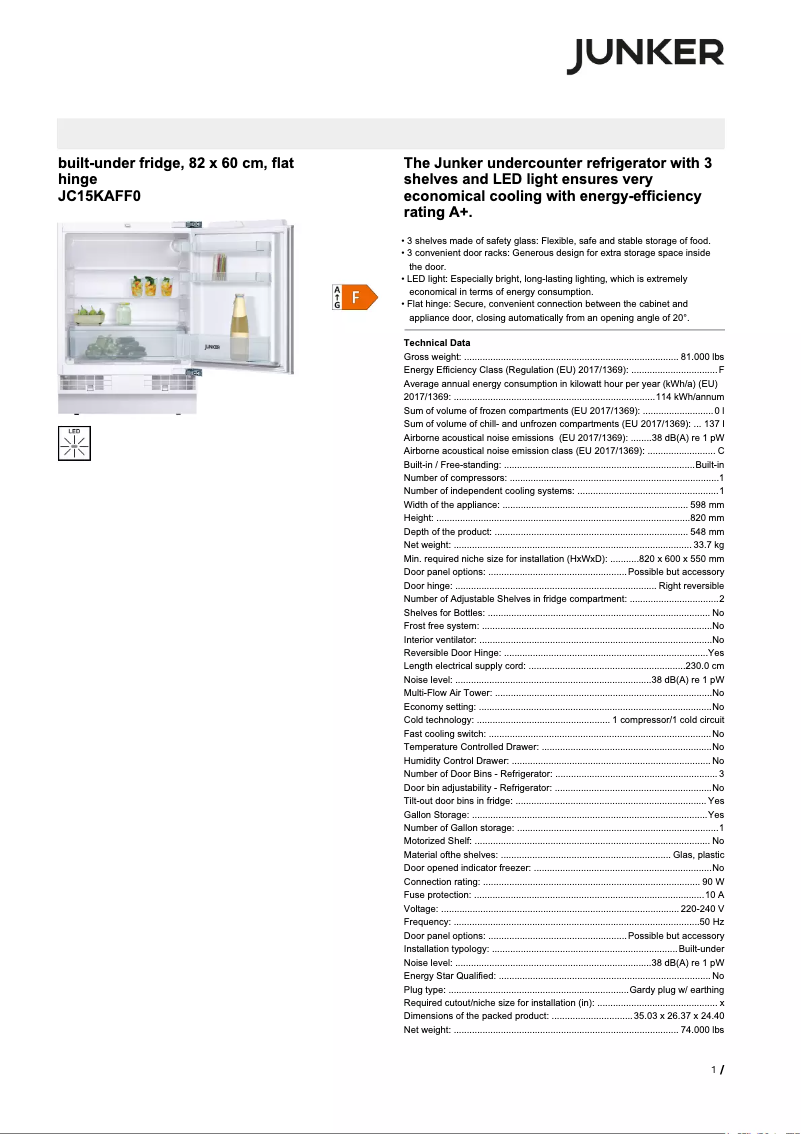 Page 1 de la notice Fiche technique Junker JC15KAFF0