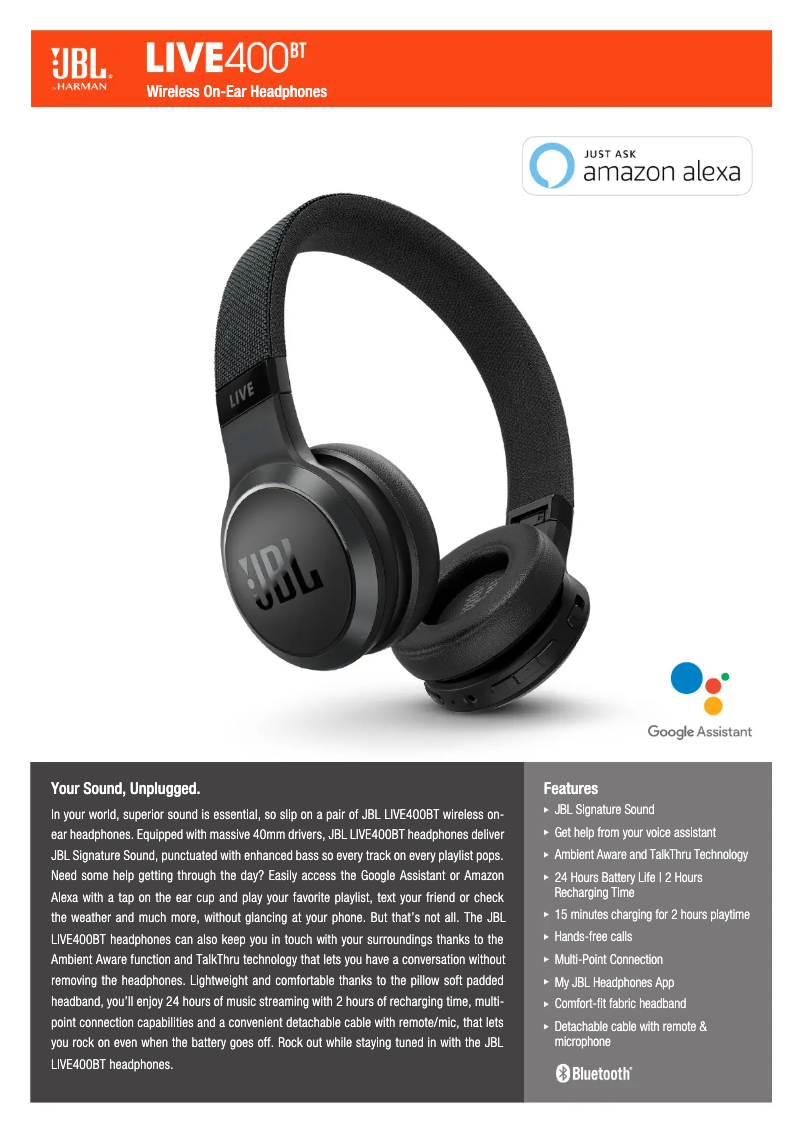 Page 1 de la notice Fiche technique JBL LIVE 400BT