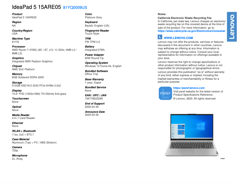Page n°1 - Fiche technique Lenovo IdeaPad 5