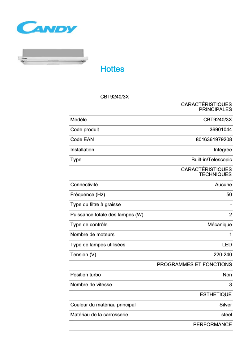 Page 1 de la notice Fiche technique Candy CBT9240/3X