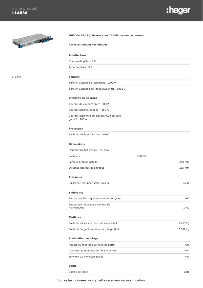 Page 1 de la notice Fiche technique Hager LLA836