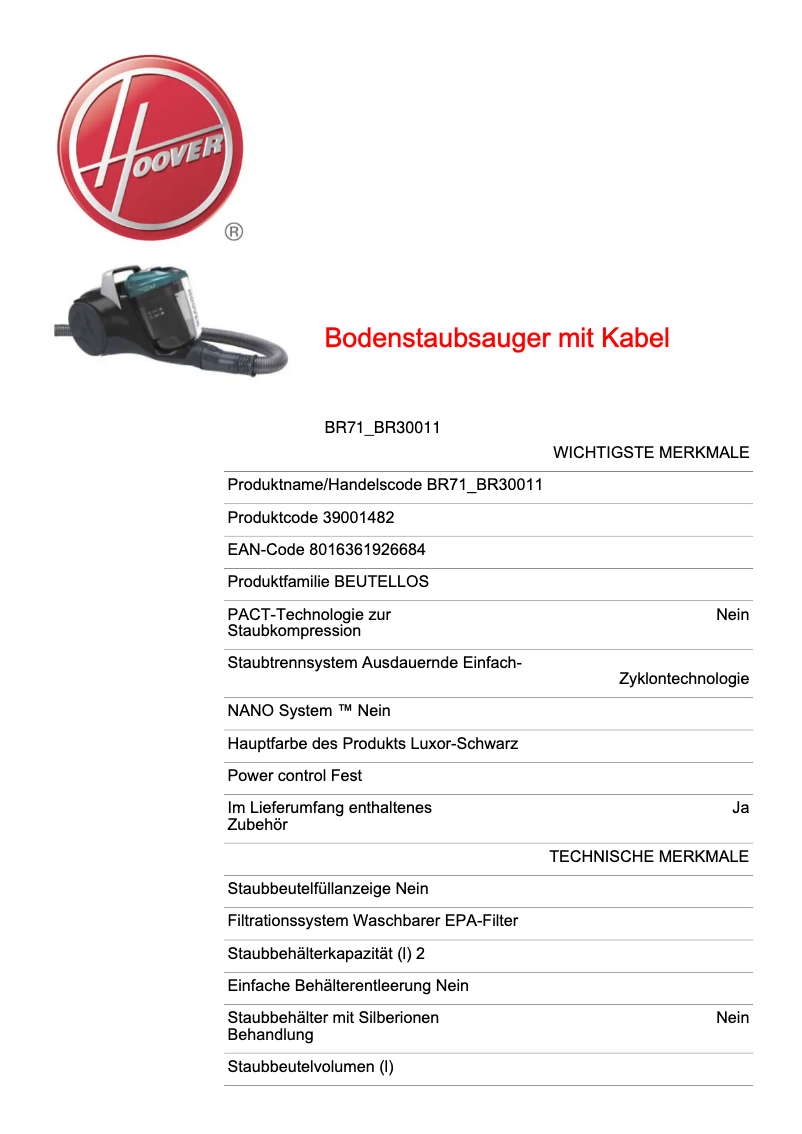 Página 1 del manual Ficha técnica Hoover BR71_BR30011