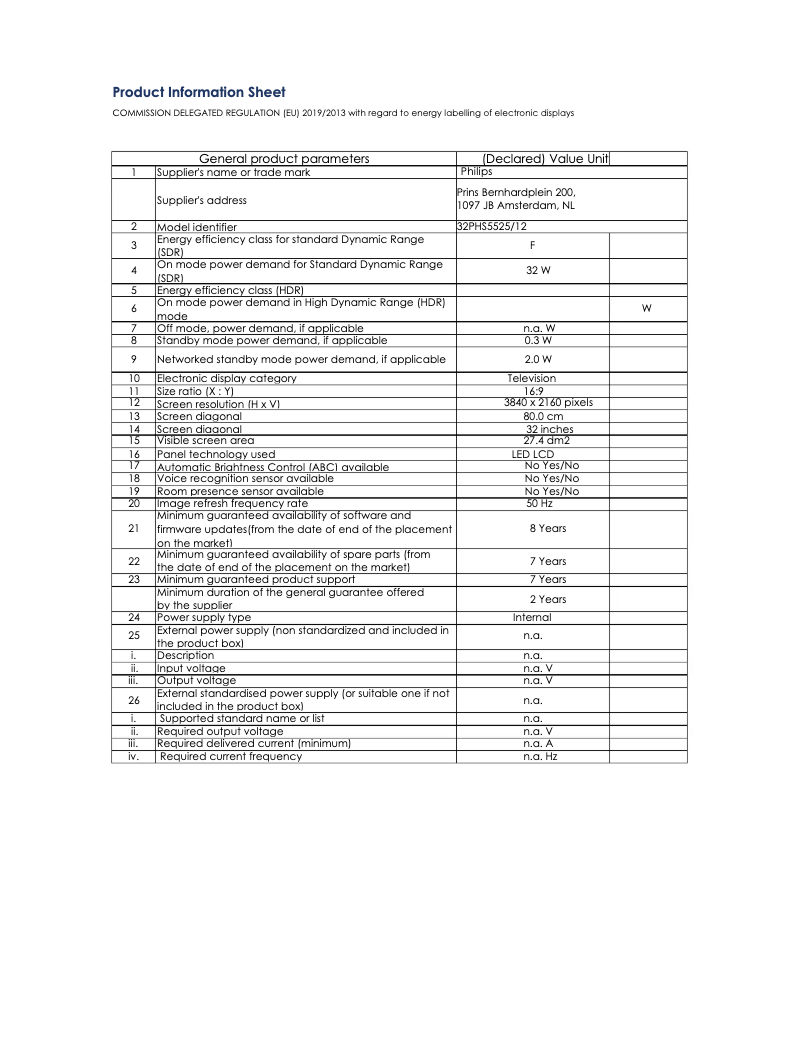 Page 1 de la notice Fiche technique Philips 32PHS5525