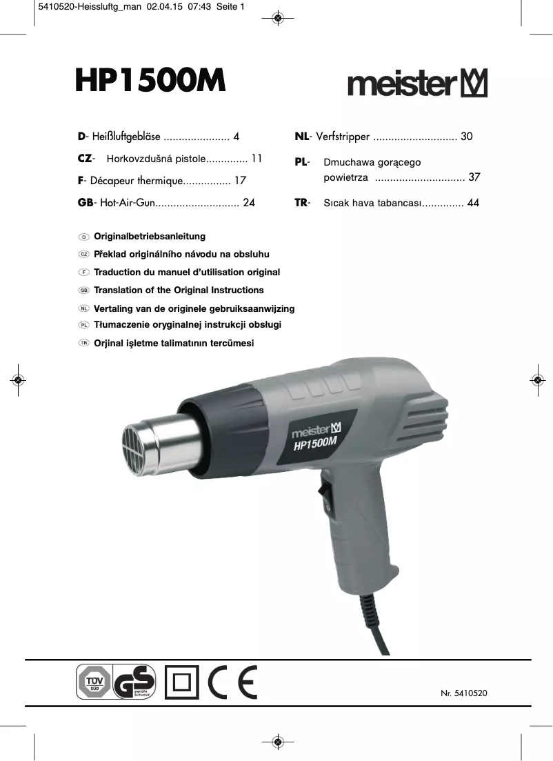 Page 1 de la notice Manuel utilisateur Meister Craft HP1500M