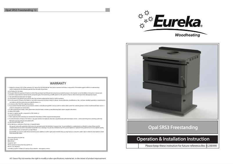 Page n°1 - Manuel utilisateur Eureka Opal SRS3 Freestanding