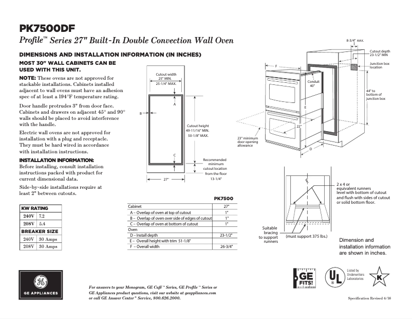 Page 1 de la notice Fiche technique GE PK7500DFWW