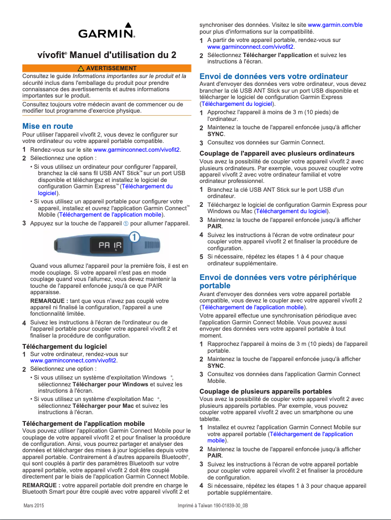 Page 1 de la notice Manuel utilisateur Garmin PNVIVO2HR-W