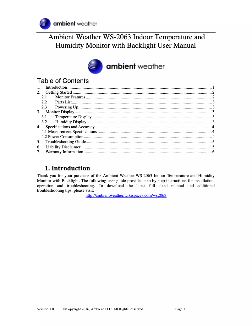Page n°1 - Manuel utilisateur Ambient Weather WS-2063
