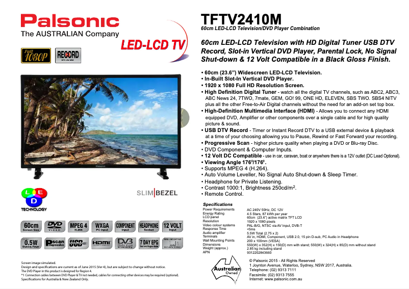 Page n°1 - Manuel utilisateur Palsonic TFTV2410MW