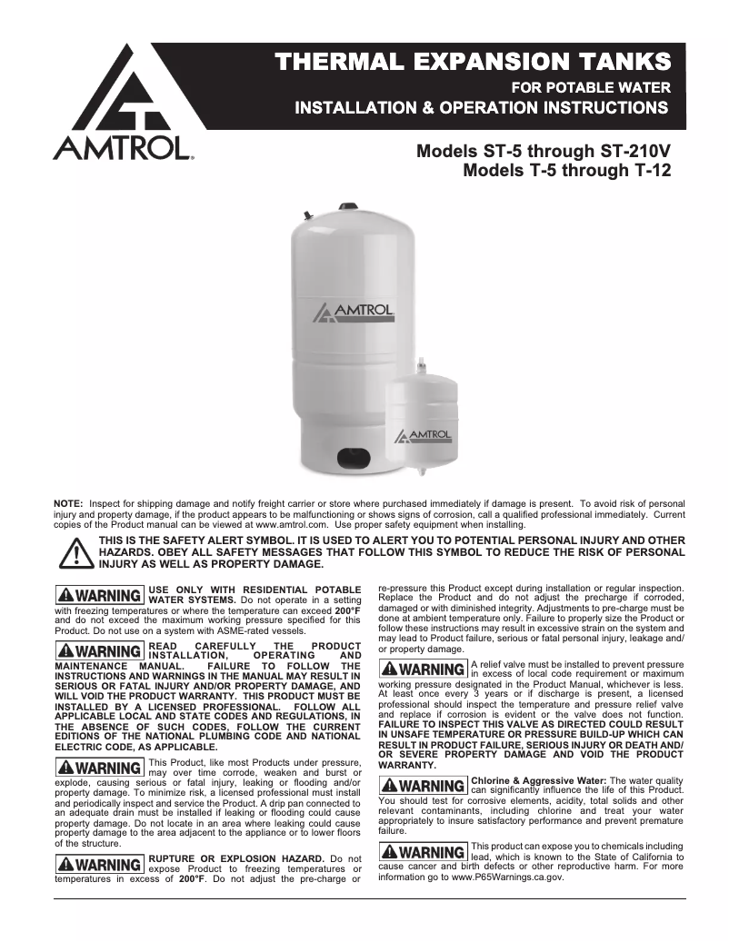 Page n°1 - Manuel utilisateur Amtrol Therm-X-Span T-12
