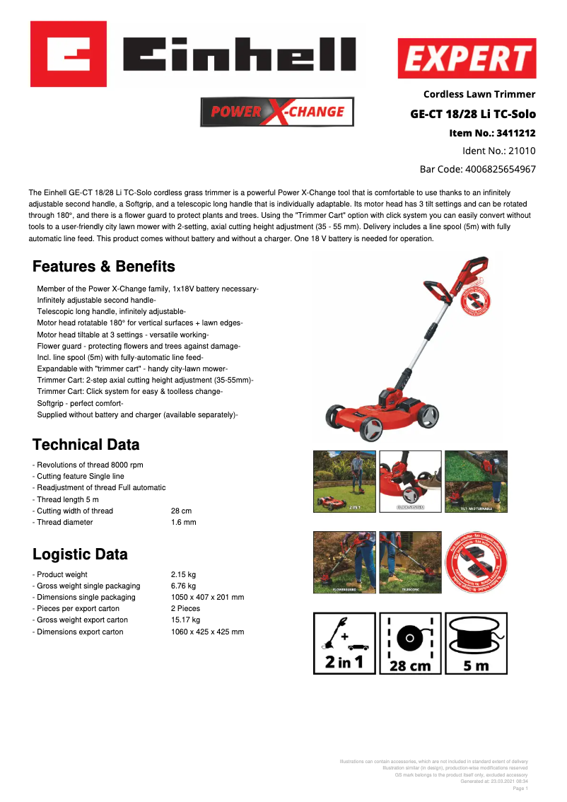 Page 1 de la notice Fiche technique Einhell GE-CT 18/28 Li TC