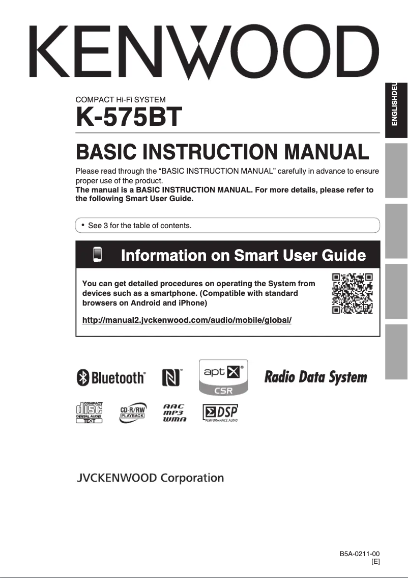 Page n°1 - Manuel utilisateur Kenwood K-575BT-S