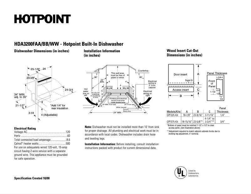 Page 1 de la notice Fiche technique Hotpoint HDA3200FAA