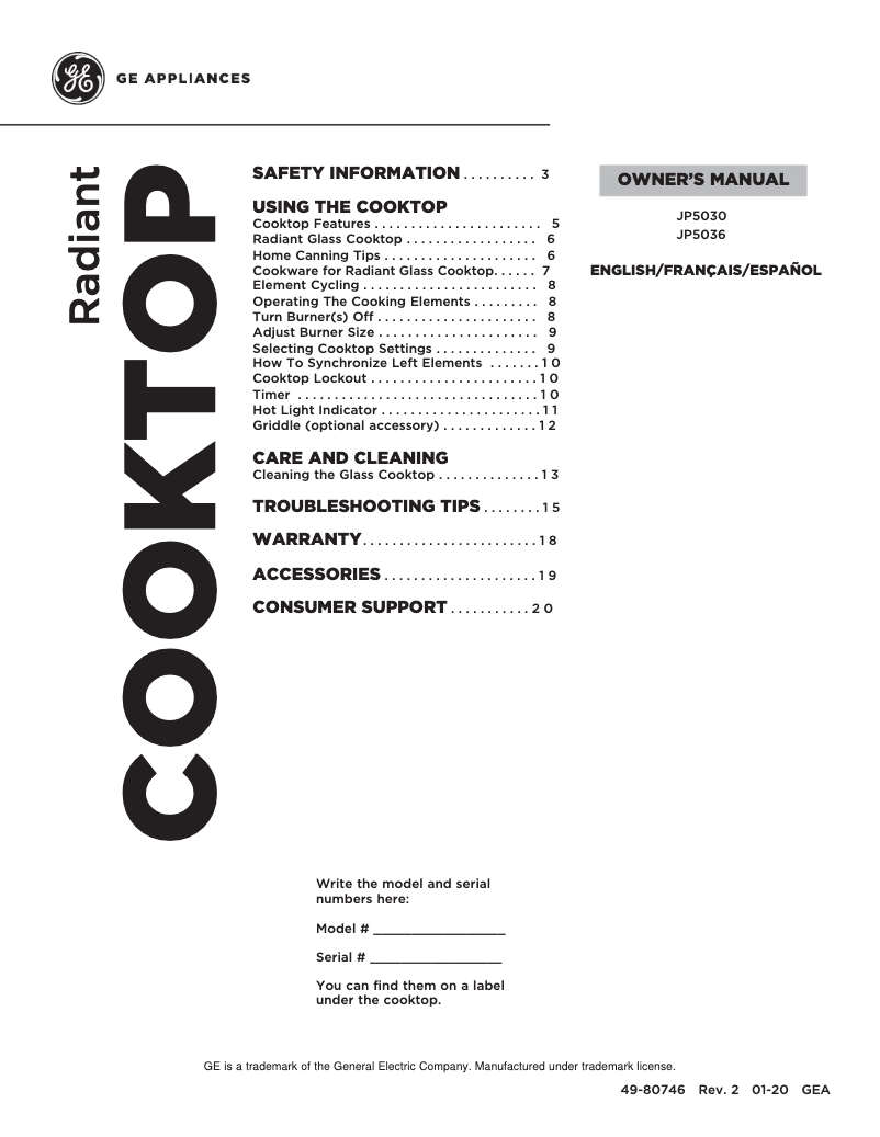 Image de la première page du manuel de l'appareil JP5036SJSS