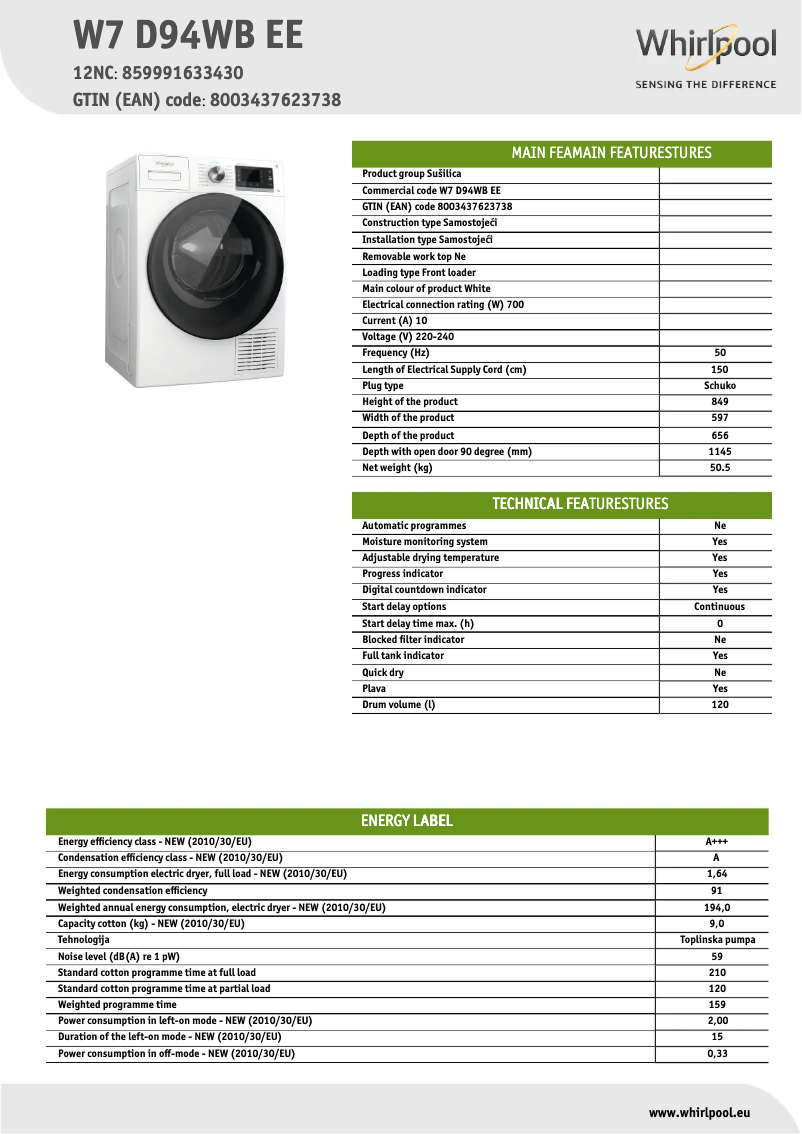 Página 1 del manual Ficha técnica Whirlpool W7 D94WB EE