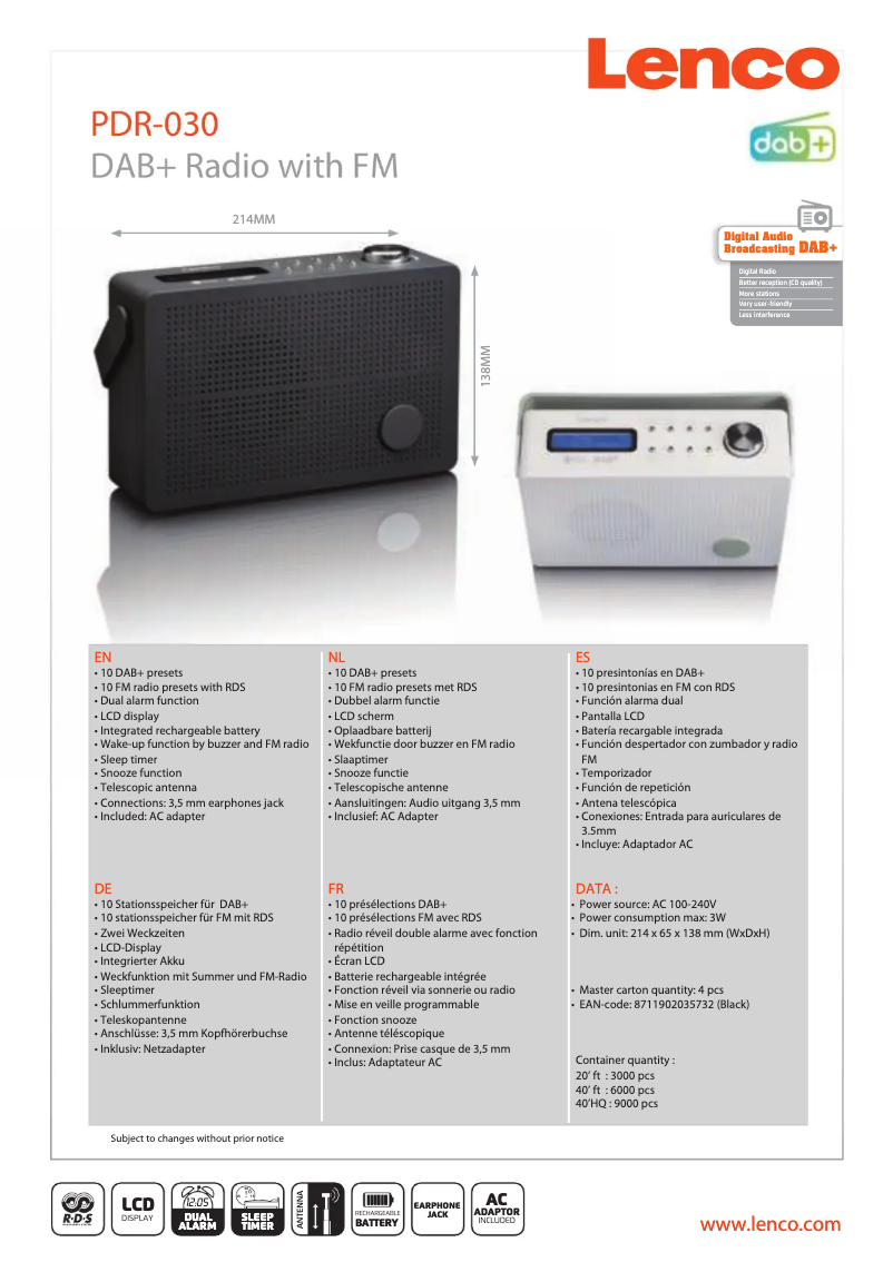 Page 1 de la notice Manuel utilisateur Lenco PDR-030