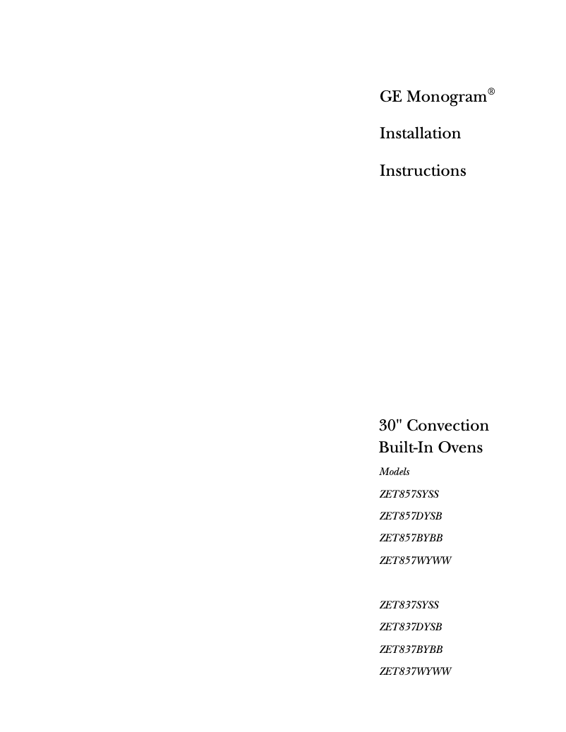 Página 1 del manual Guía de instalación GE ZET837BBBB