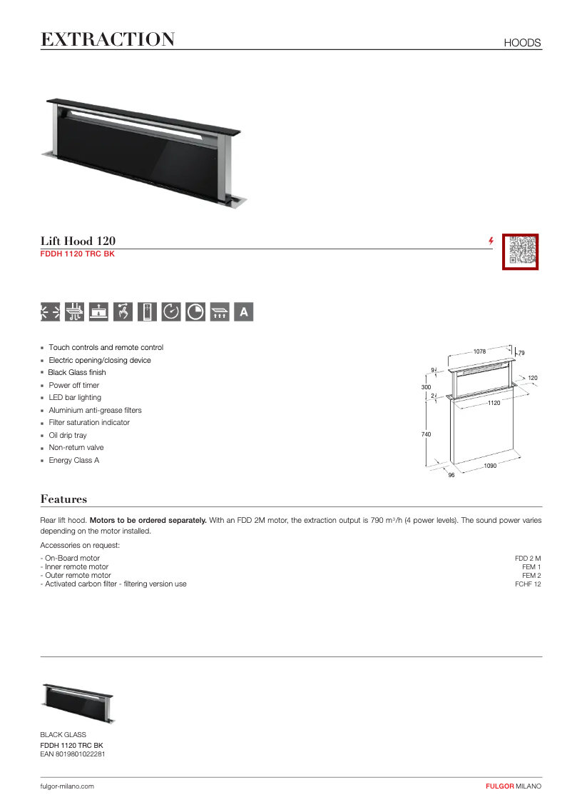 Page 1 de la notice Fiche technique Fulgor Milano FDDH 1120 TRC BK