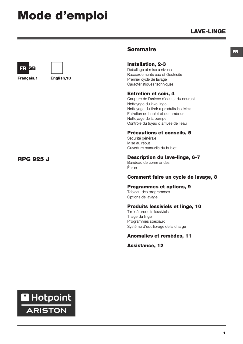 Page n°1 - Manuel utilisateur Hotpoint Ariston RPG 925 JS FR
