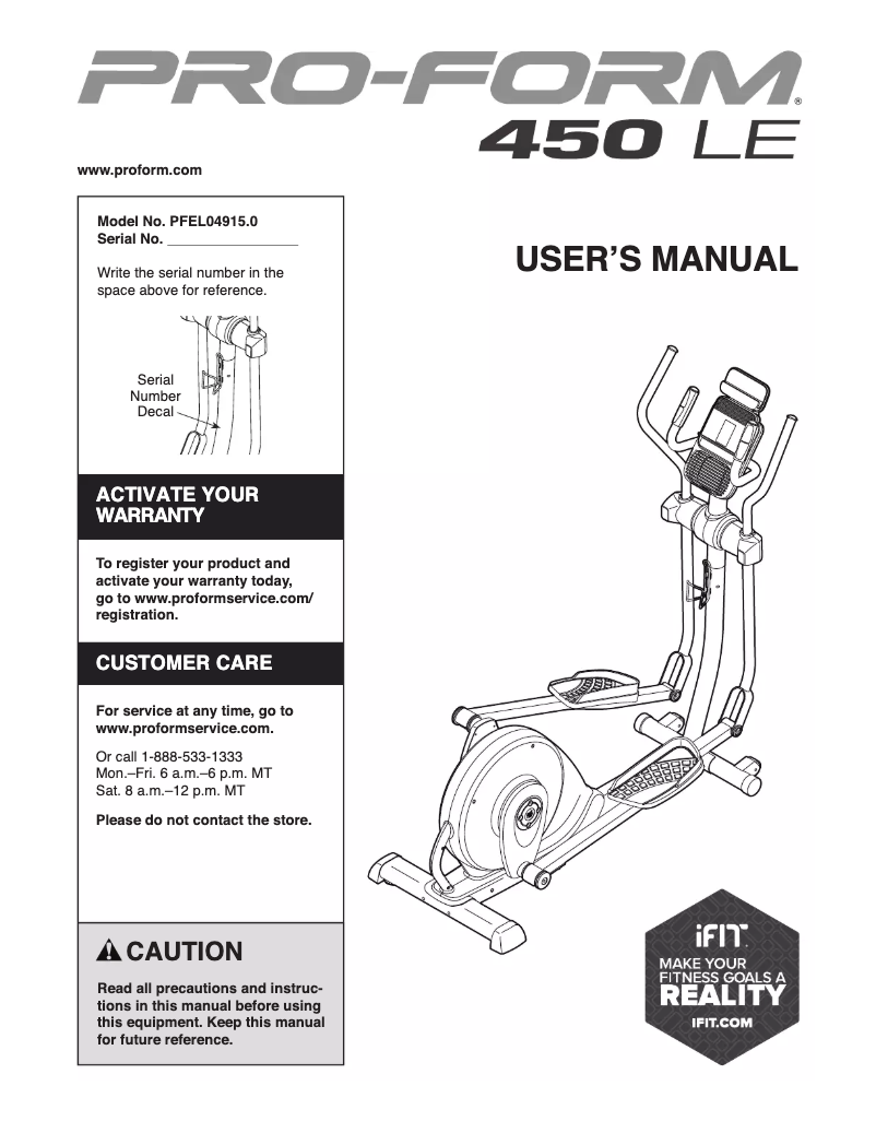 Page n°1 - Manuel utilisateur ProForm 450 LE