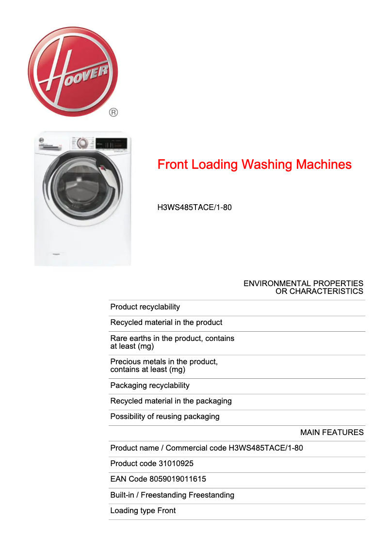 Page n°1 - Fiche technique Hoover H-WASH 300 LITE H3WS485TACE/1-80