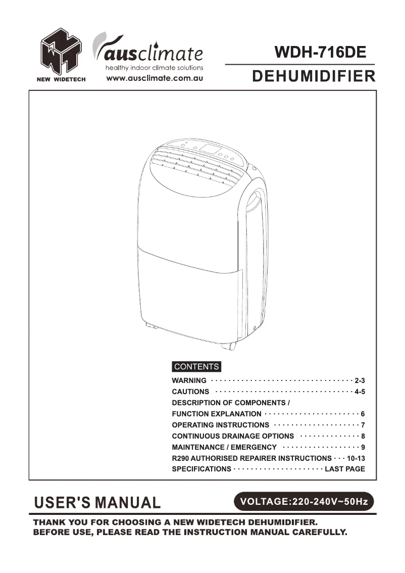 Page n°1 - Manuel utilisateur Ausclimate WDH-610HE
