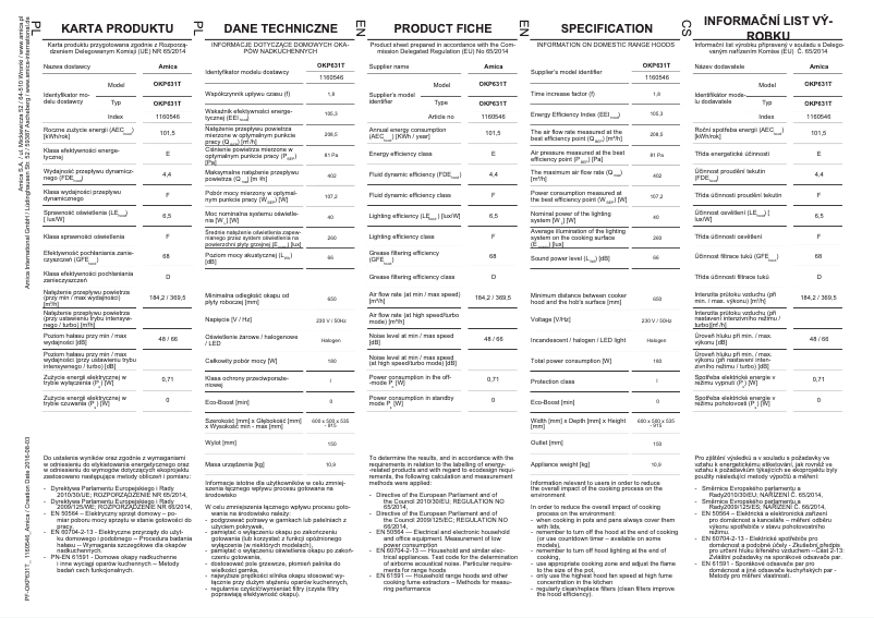 Page 1 de la notice Fiche technique Amica OKP631T