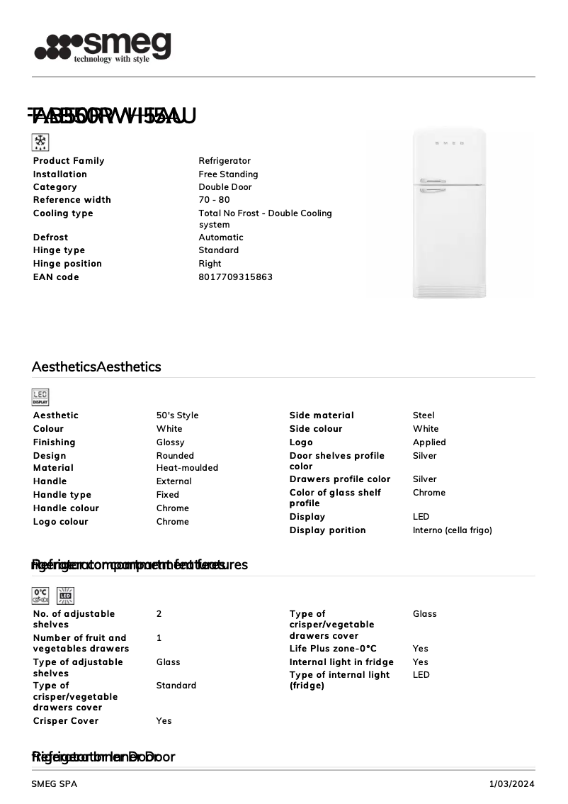 Page 1 de la notice Fiche technique Smeg FAB50RWH5AU