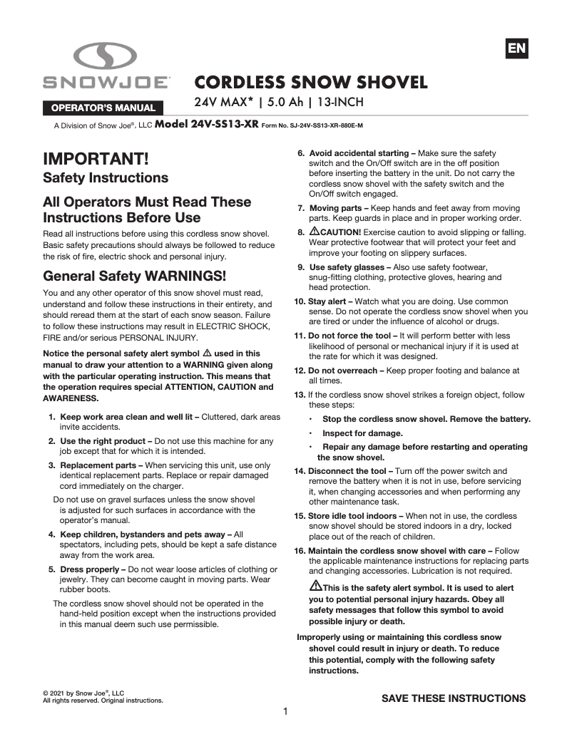Page n°1 - Manuel utilisateur Snow Joe 24V-SS13-XR