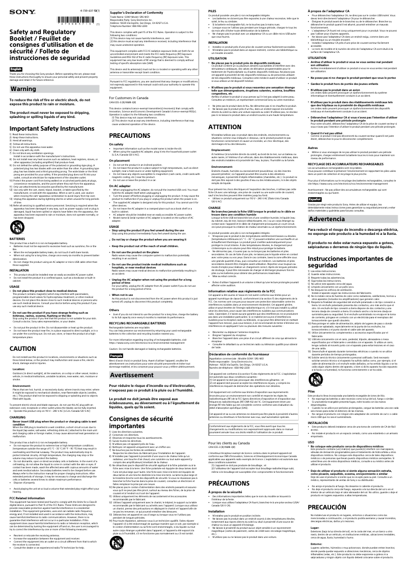 Page n°1 - Instructions de sécurité Sony SRS-WS1
