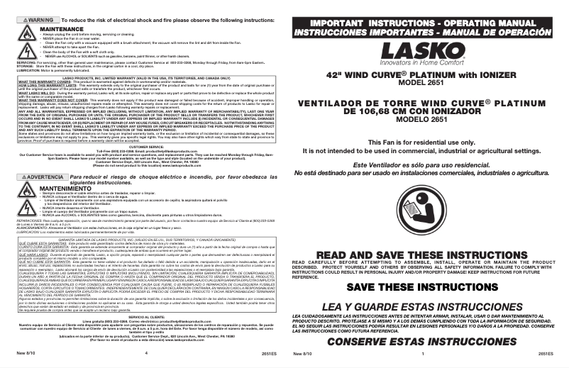 Page 1 de la notice Manuel utilisateur Lasko Wind Curve Platinum 2651