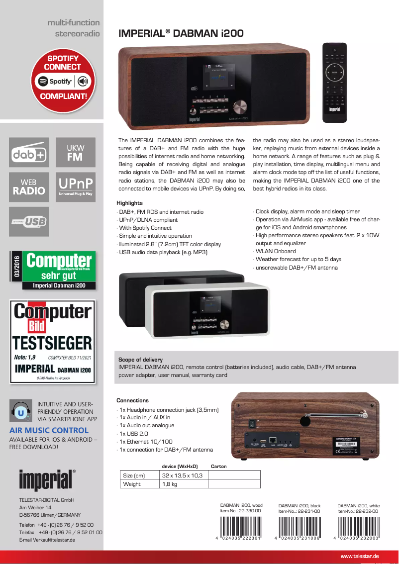 Page 1 de la notice Fiche technique Imperial Dabman i200