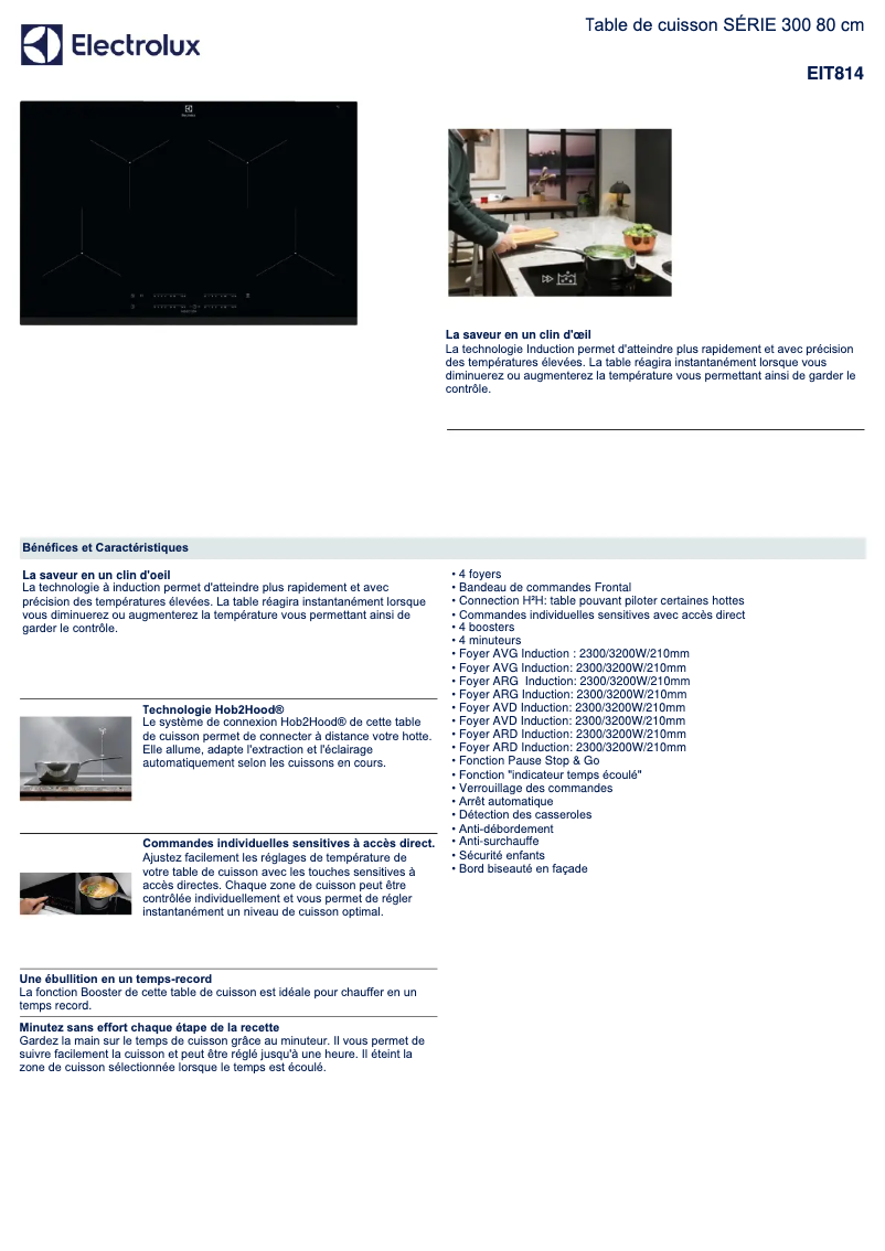 Page 1 de la notice Fiche technique Electrolux EIT814